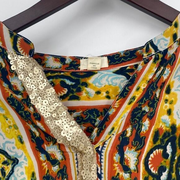 Anthropologie Tiny Boho Devas Sequin Top Printed Casual Roll-Cuff Multi S - Picture 8 of 16